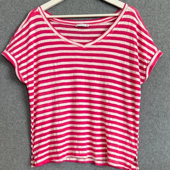 STACCATO V-Neck Short Sleeve Striped Slub Knit Top L Hot Pink - Picture 2 of 10